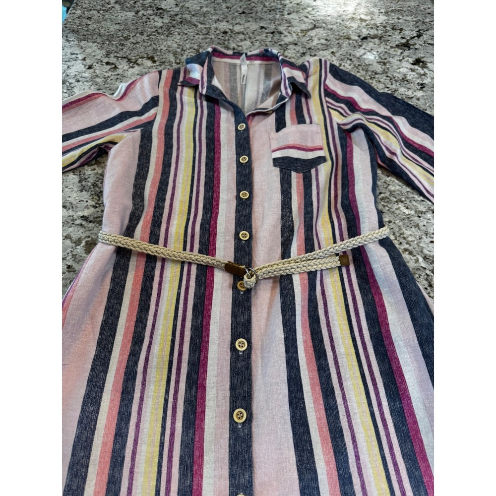 NY Collection Linen Blend Striped Midi Shirt Dress Pink Navy Yellow LND9001 - Picture 6 of 8